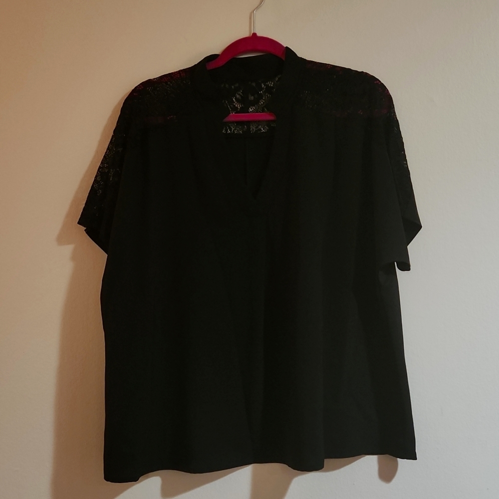 Shein Curve Black Lace Shoulder Top with V Neck, 0X